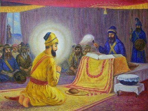 Guru Gobind Singh Bowing to The Guru Granth With Prashad Before Being Offered
