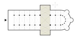 floor plan of a basilica, with the semicircular apse at the end Source: Public Domain