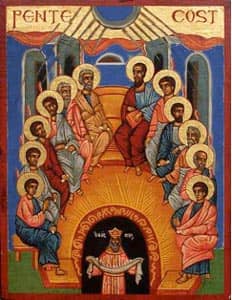 An Eastern Orthodox icon of Pentecost. This is the  Icon of the Descent of the Holy Spirit on the Apostles Source: Public  Domain