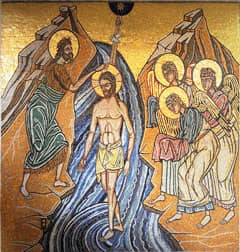John the Baptist baptizes Jesus (mosaic detail from St. Demetrios Orthodox church, Seattle)