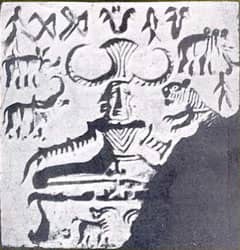 Title: An Indus Valley seal with the seated figure termed pashupati