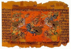 A manuscript illustration of the Battle of Kurukshetra, fought between the Kauravas and the Pandavas, recorded in the Mahābhārata