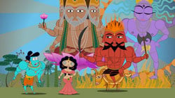 Title: modern illustration of Rama and Sita with the gods