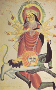 Title: Durga, standing on her lion, stabs Mahishasura