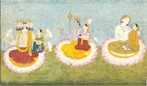 Brahma, Vishnu and Shiva seated on lotuses with their consorts, ca1770