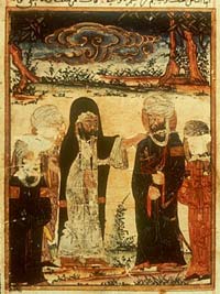 The Investiture of Ali, at Ghadir Khumm (MS Arab 161, fol. 162r, AD 1309/8 Ilkhanid manuscript illustration). Source: Public Domain