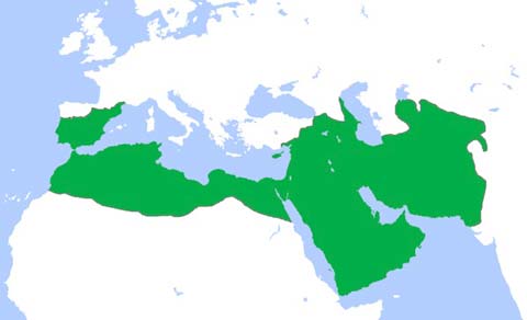 Umayyad caliphate at its greatest extent (750 CE). Source: Public Domain