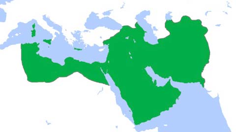 Abbasid Caliphate (green) at its greatest extent, c. 850. Source: Public Domain