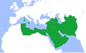 Abbasid Caliphate (green) at its greatest extent, c. 850:  Public Domain