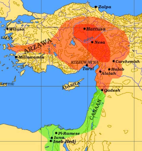 The Hittite Empire (red) at the height of its power in ca. 1290 BC, bordering on the Egyptian Empire (green) source: http://en.wikipedia.org/wiki/File:Hittite_Empire.png