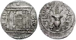 title: Bar Kochba silver Shekel/tetradrachm. Obverse: the Jewish Temple facade with the rising star