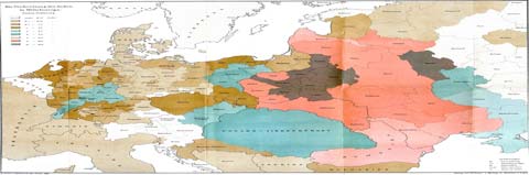 Source: http://upload.wikimedia.org/wikipedia/commons/b/bf/Juden_1881.JPG Title: Distribution of Ashkenazi Jews in northern and eastern Europe (1881): brown 0.5-2% blue 2-4% red 9-13%, black 13-18% of the population