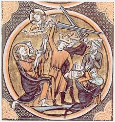 Title: This illustration from a 1250 French Bible is thought by some to depict Jews (identifiable by Judenhut) being massacred. Source: http://en.wikipedia.org/wiki/File:FirstCrusade.jpg