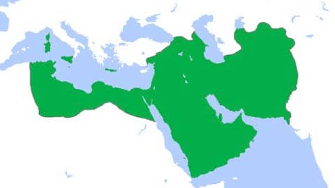 Abbasid Caliphate (green) at its greatest extent, c. 850:  Public Domain