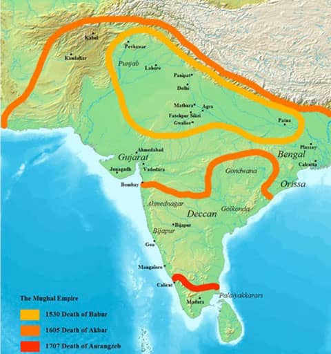 A map of the Mughal Empire during various periods. Source: Public Domain